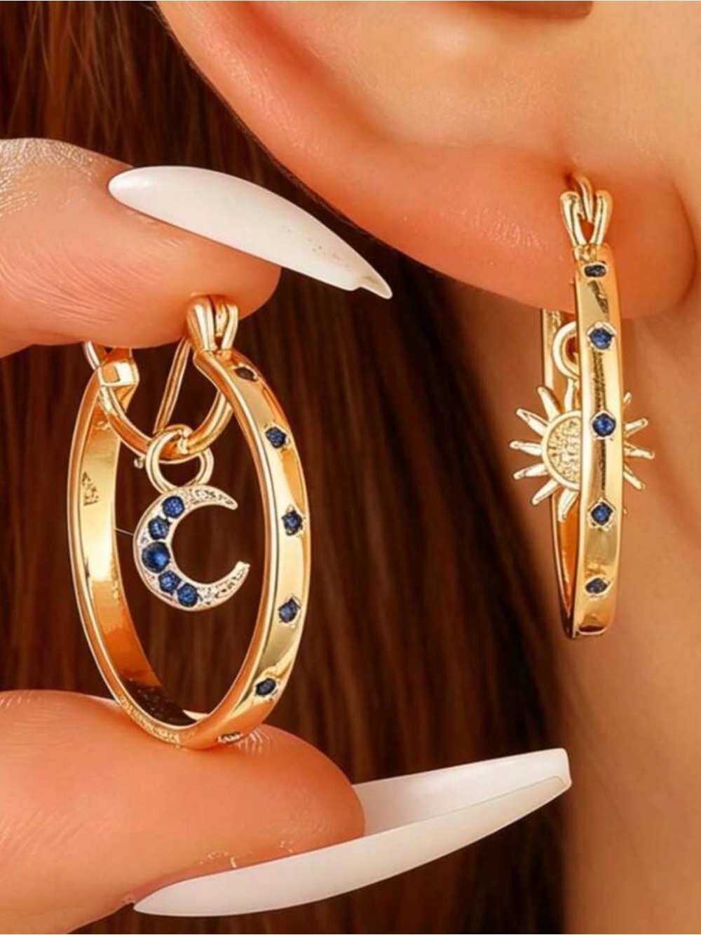 Gold 3D Hoop Earrings with Blue Stone Sun & Moon Charms